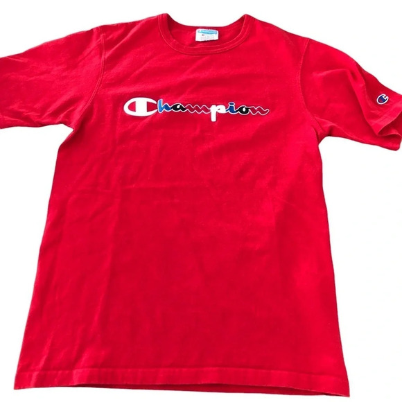 Champion Size Medium Red 100% Cotton Knit Embroidered Logo T Shirt Tee Logo M - Picture 1 of 6